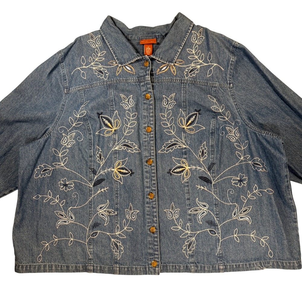 Liz & Me Signature Embroidered Denim Shirt Jacket 4X Women Blue Floral Cotton